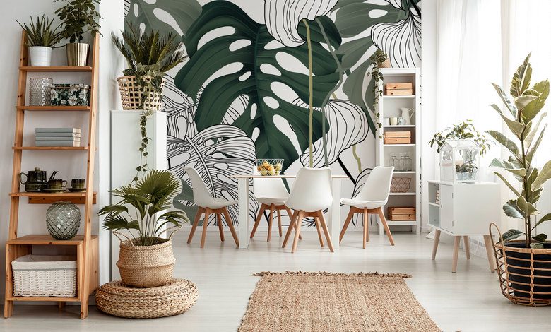 de charme van de grafische monstera fotobehang voor de woonkamer fotobehang demural