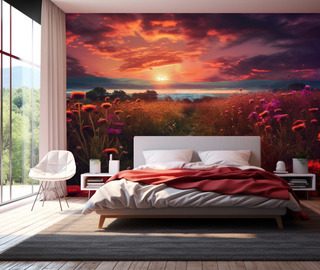 zonsondergang boven weilanden fotobehang voor de slaapkamer fotobehang demural