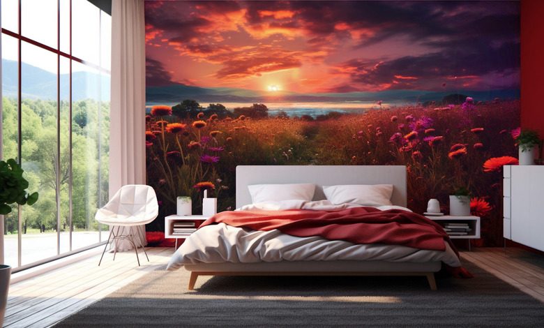 zonsondergang boven weilanden fotobehang voor de slaapkamer fotobehang demural