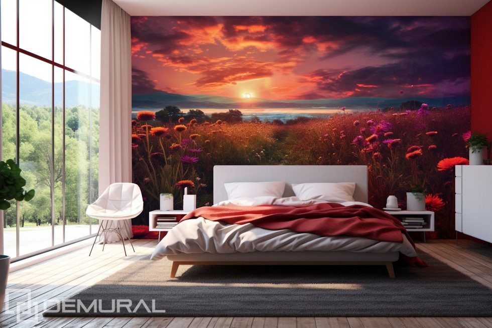 Zonsondergang boven weilanden Fotobehang voor de slaapkamer Fotobehang Demural
