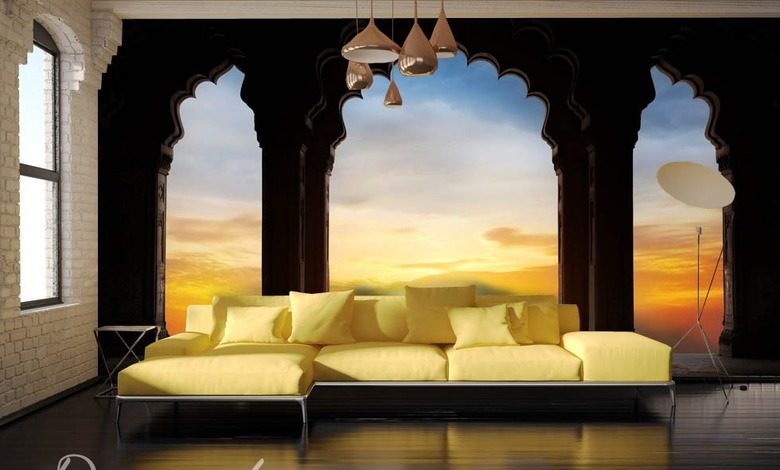 venster voor exotisme zonsondergang fotobehang fotobehang demural